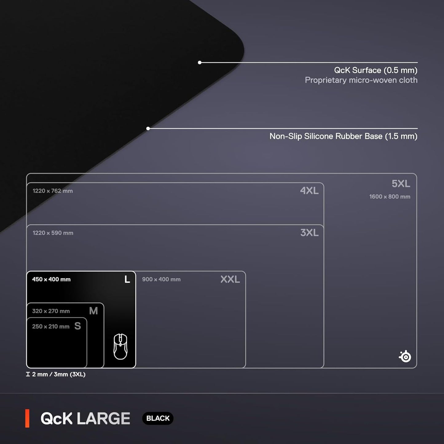 SteelSeries QcK Large Gaming Mousepad - Black - Non-Slip Silicone Rubber Base - Enhanced Tracking and Stability - Optimized for Gaming Sensors - 490mm x 420mm - Suitable for FPS, MOBAs, RTS, and MMO Games