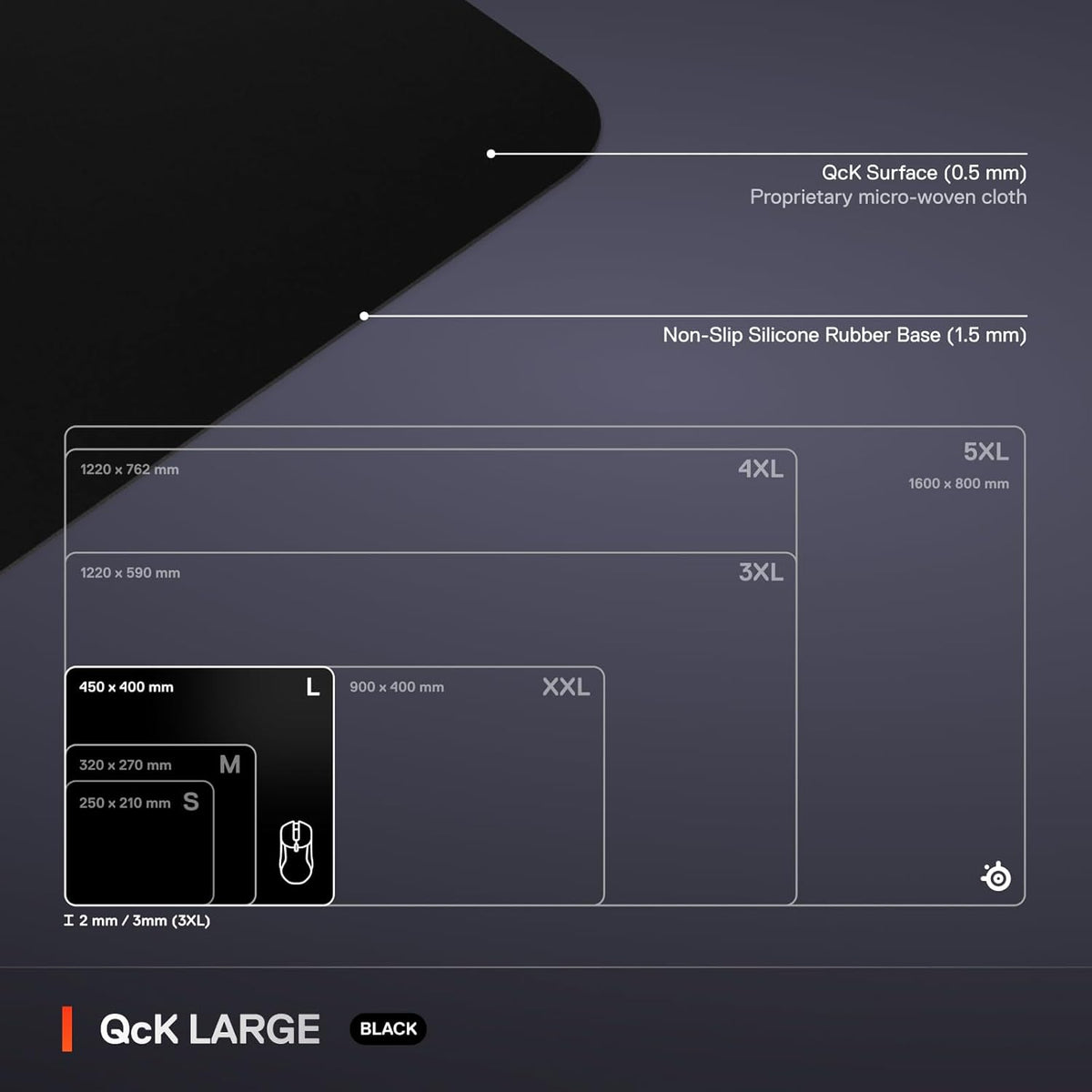SteelSeries QcK Large Gaming Mousepad - Black - Non-Slip Silicone Rubber Base - Enhanced Tracking and Stability - Optimized for Gaming Sensors - 490mm x 420mm - Suitable for FPS, MOBAs, RTS, and MMO Games